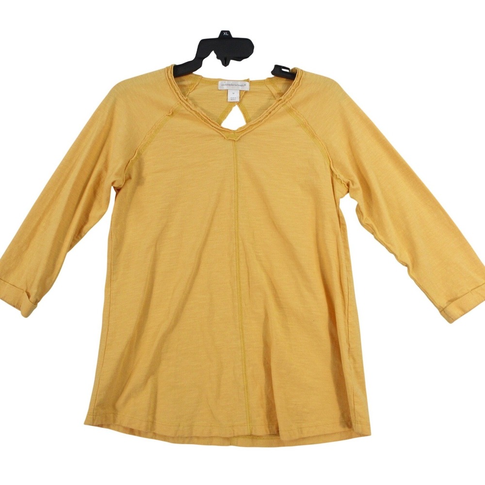 Christopher & Banks Mustard Yellow Slub Knit 3/4 Sleeve V-Neck‎ Top Medium